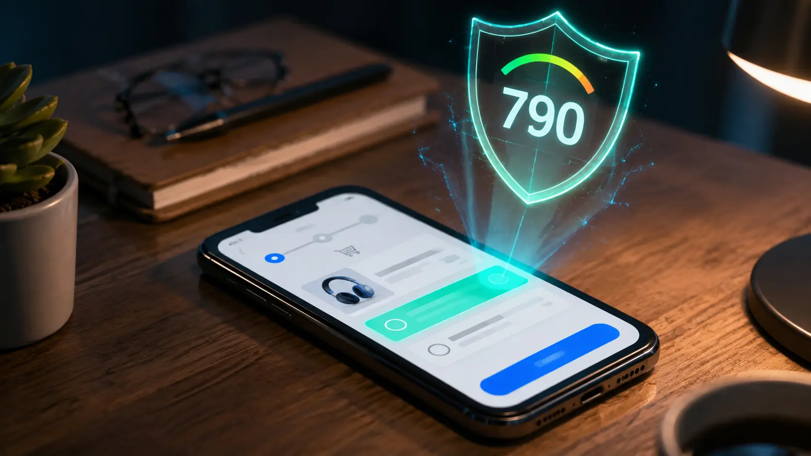 A smartphone displaying a 3-step 'Buy Now, Pay Later' checkout screen, with a glowing credit score shield hovering above it