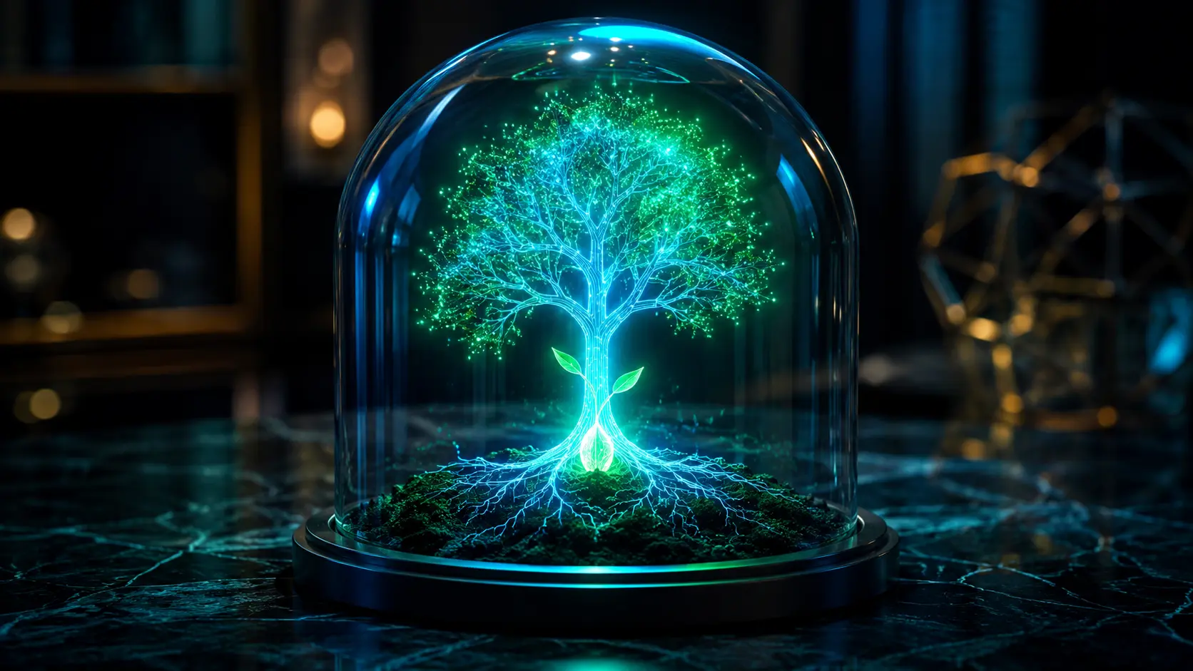 A glowing digital seed sprouting into a strong financial tree inside a protective glass dome