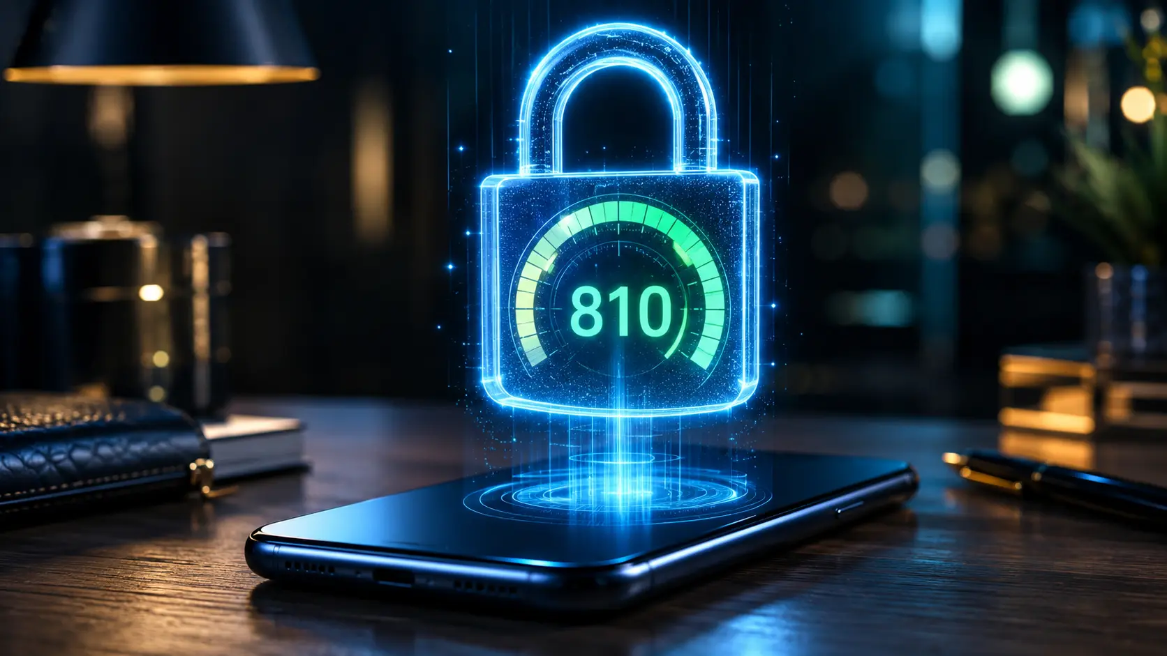 A cinematic glowing padlock protecting a digital credit score hologram hovering over a sleek smartphone