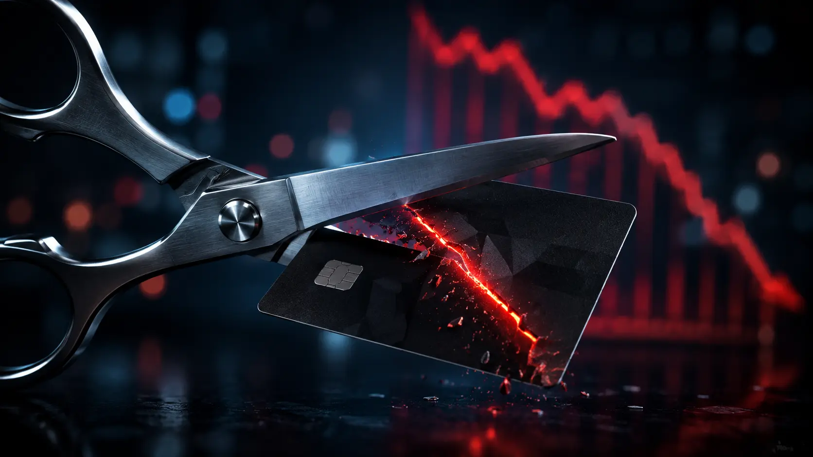 A pair of premium scissors cutting a glowing credit card, revealing a dropping financial graph in the background