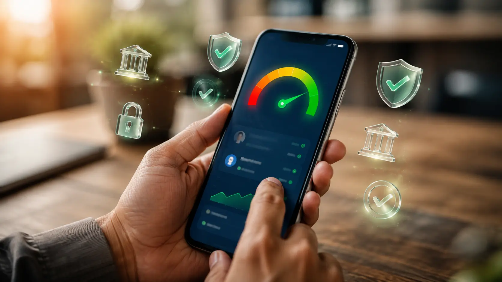 A person checking their credit score on a modern smartphone with floating financial security icons