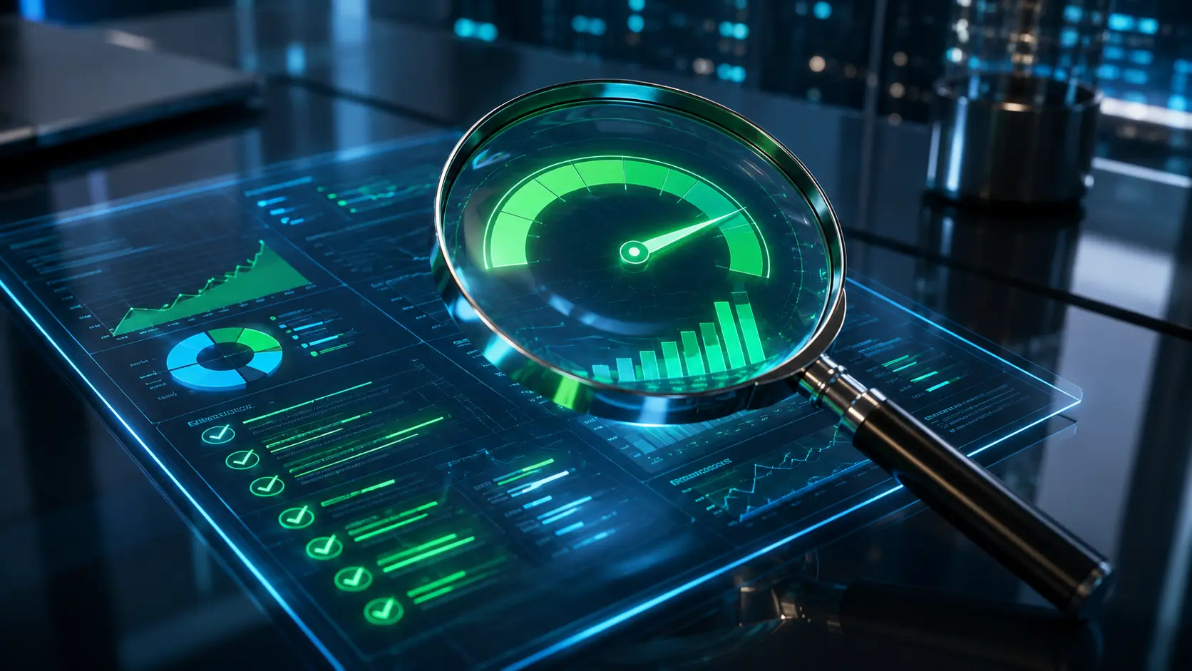 A futuristic glowing magnifying glass hovering over a highly detailed digital financial report with holographic data charts