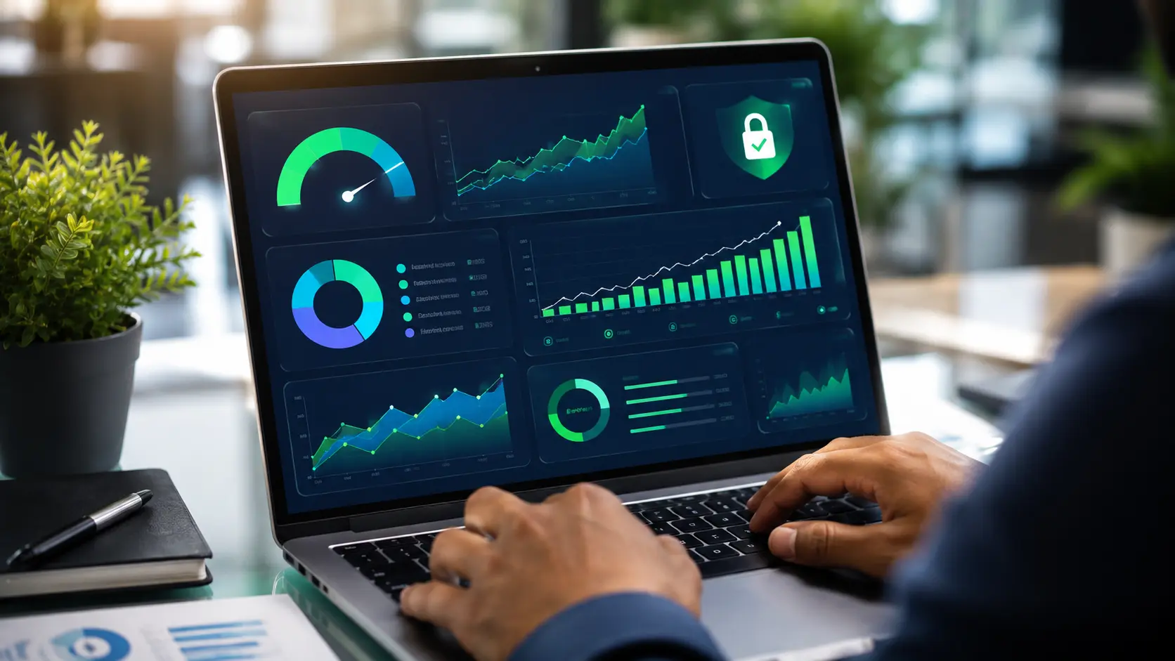 A close up of hands typing on a laptop with financial security analytics and credit growth charts on the screen
