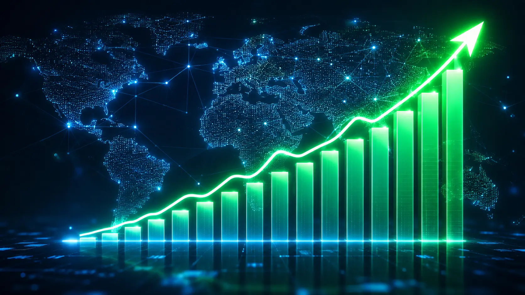 A glowing digital upward graph showing a credit score increasing from 300 to 800 across a futuristic world map