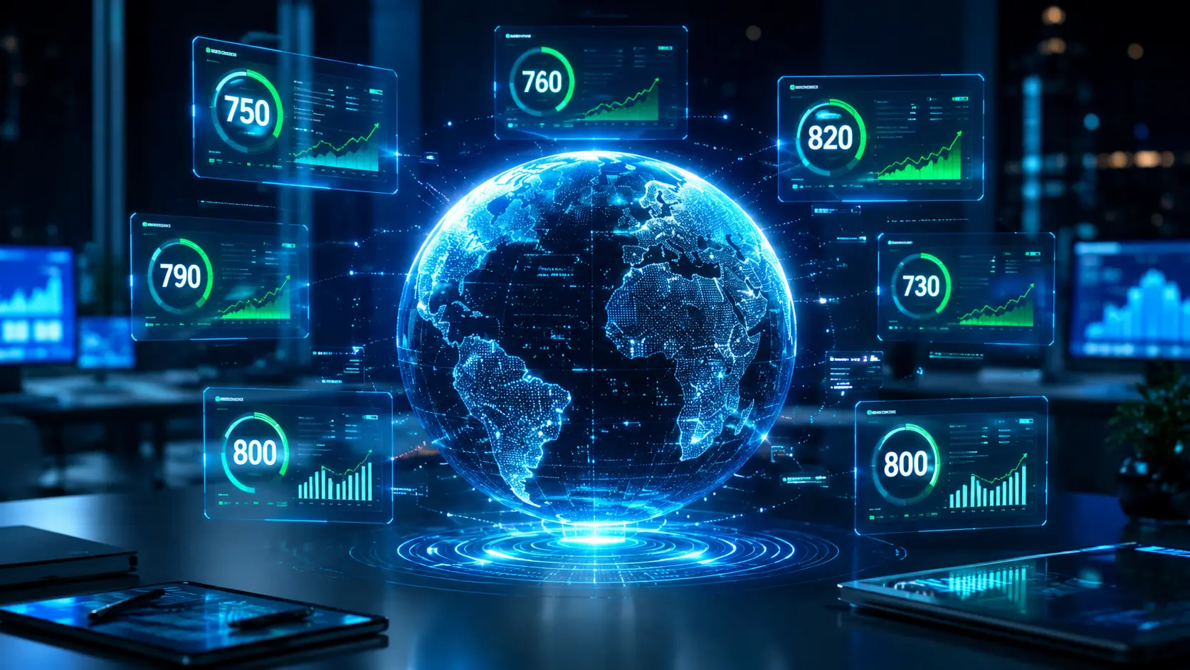 A glowing digital globe surrounded by financial data and different global credit score numbers