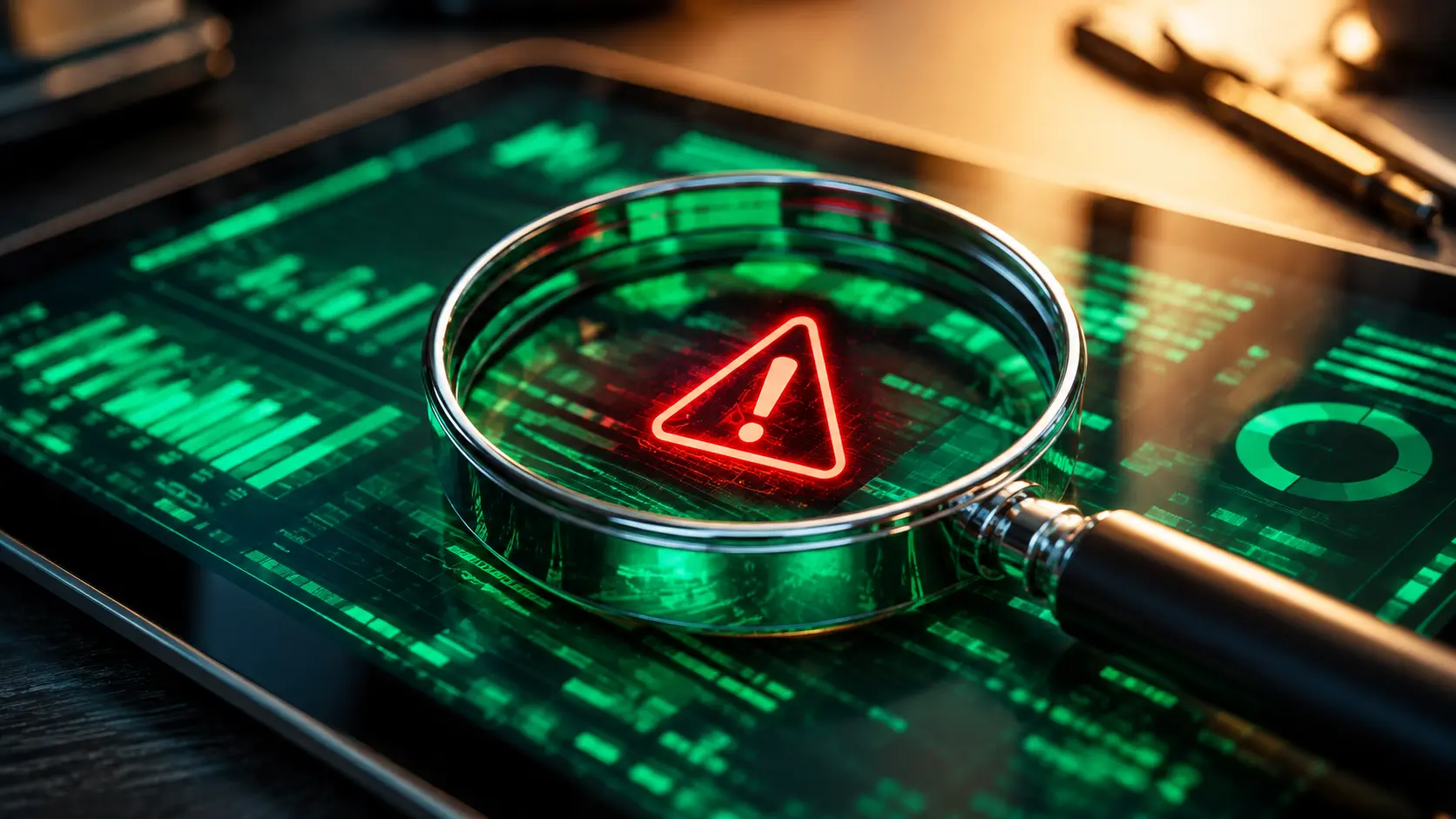 A magnifying glass hovering over a glowing digital financial report, highlighting a hidden red warning symbol