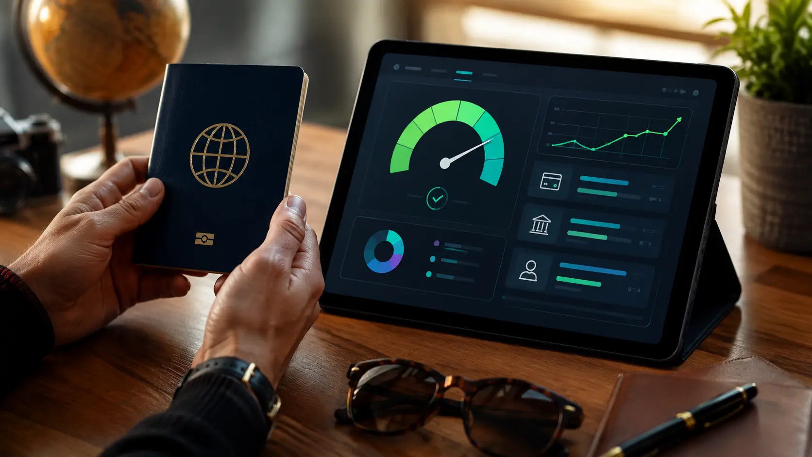 A person holding a passport next to a modern tablet displaying a healthy financial credit dashboard