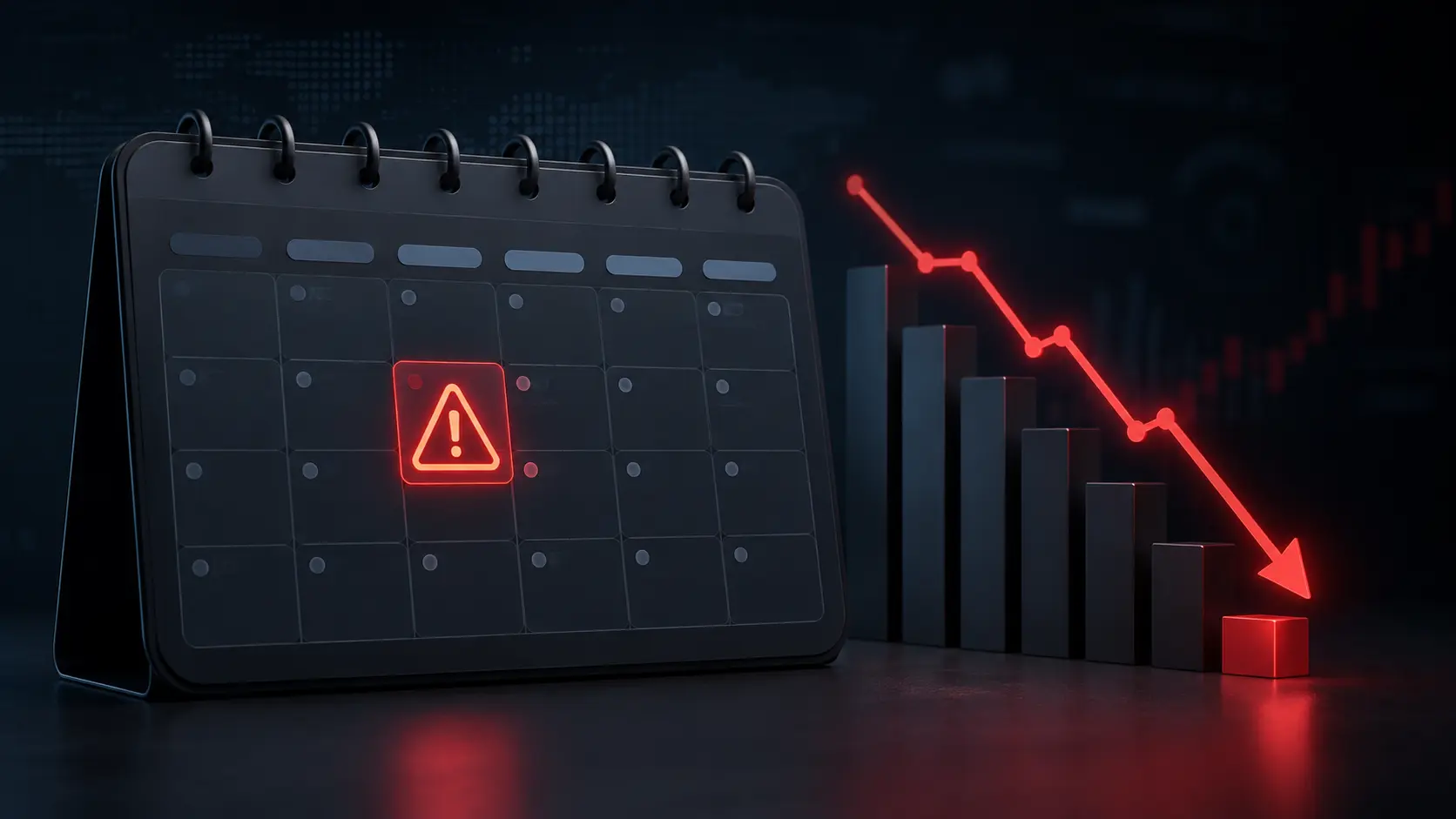 A digital calendar with a missed payment warning symbol next to a dropping financial graph