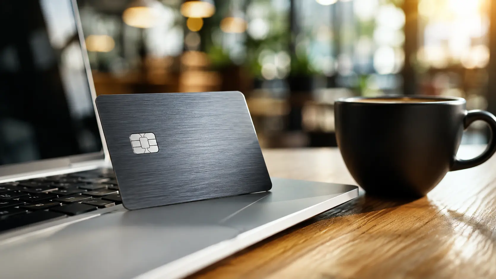 A sleek metallic credit card resting on a modern laptop keyboard next to a cup of coffee