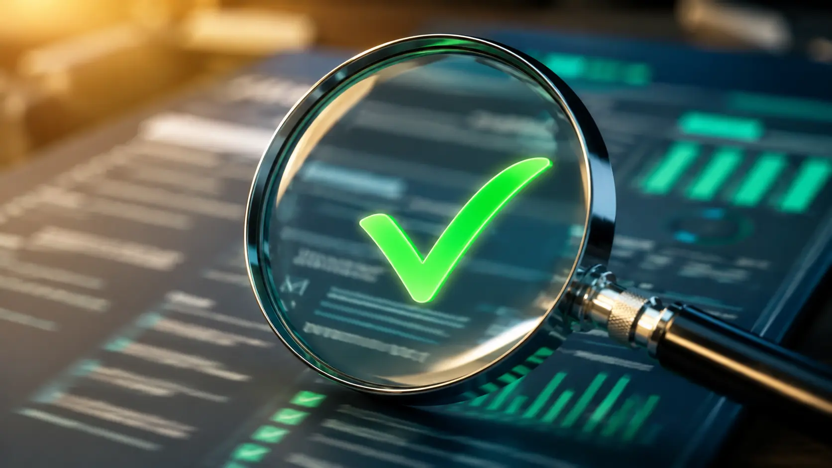 A magnifying glass revealing a bright green checkmark over a blurred financial document