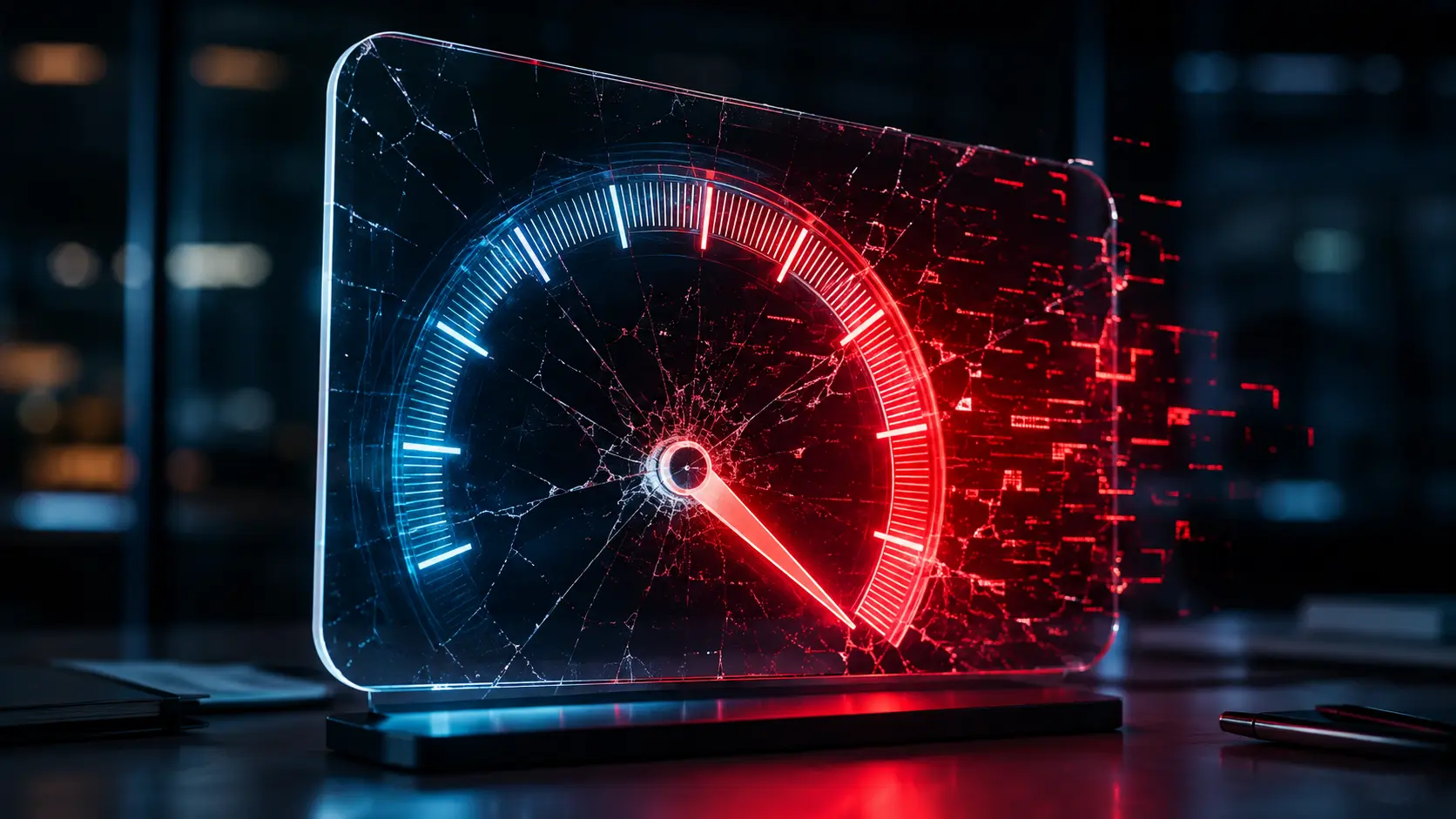 A glowing 3D credit score gauge suddenly cracking and turning red as the needle drops sharply
